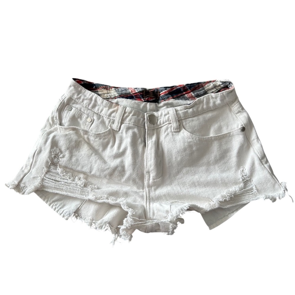 POL Denim‎ White Distressed Cut Off Micro Mini Shorts Plaid Lined Womens Size S